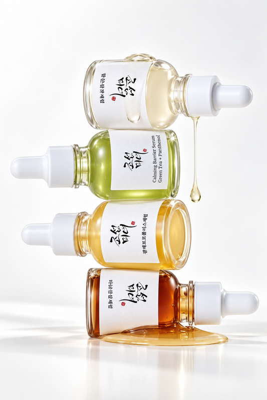 Four glass dropper bottles of hair color serum stacked vertically on a white background, showing different shades of dye liquid: pale yellow, light green, golden yellow, and deep amber brown. Each bottle has a white dropper cap and a white label with Korean text and English text reading 'Coloring Breat Serum'.